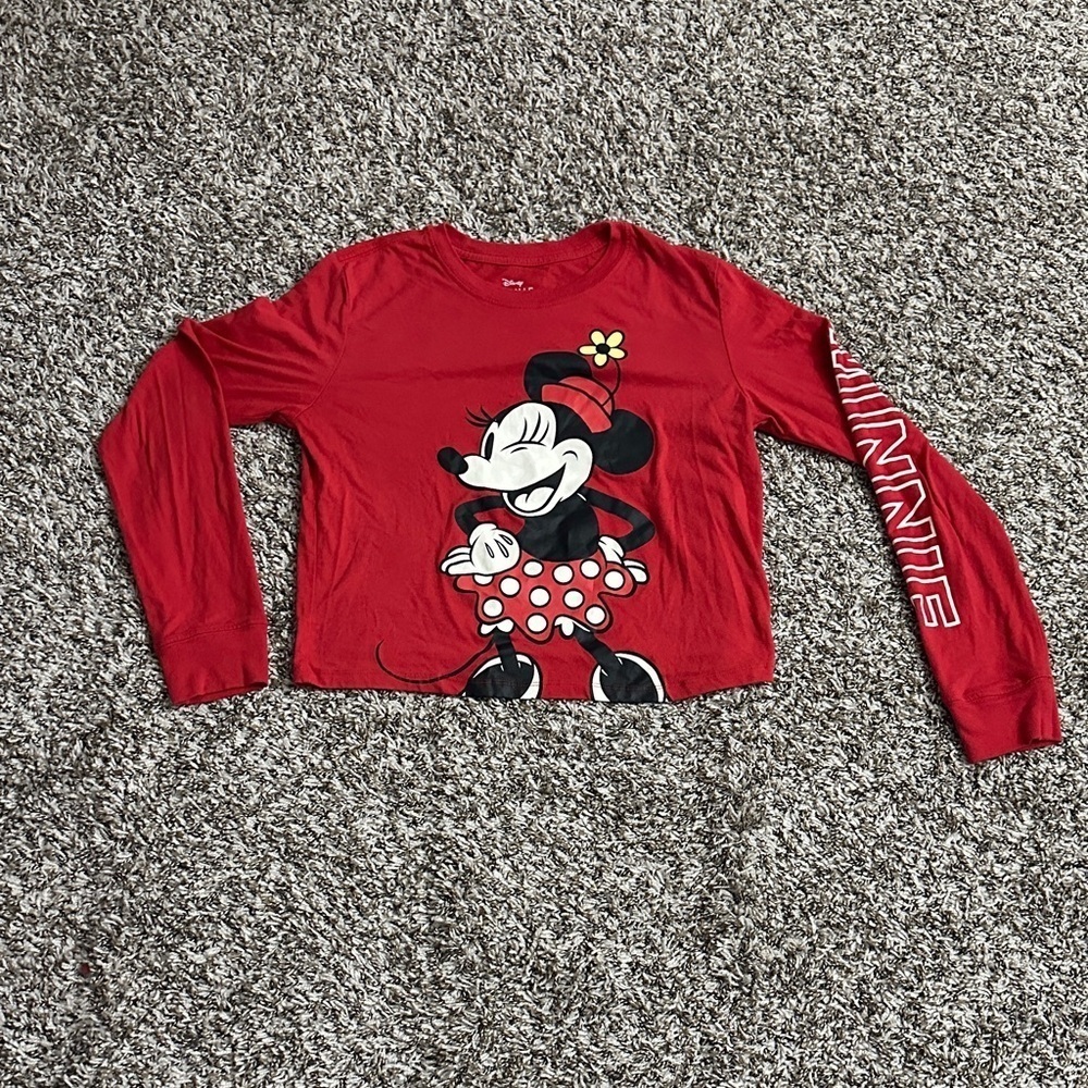 Disney Minnie Mouse Long Sleeve Pullover Cropped Shirt Womens Red Small